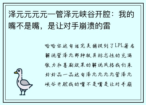 泽元元元元—管泽元峡谷开腔：我的嘴不是嘴，是让对手崩溃的雷